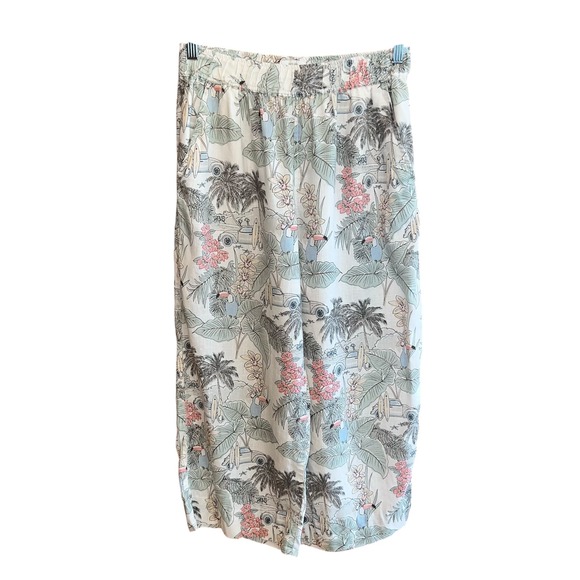 C&C California Linen Tropical Palm Print Wide Leg Crop Pants Sz M Elastic Waist - Picture 1 of 12